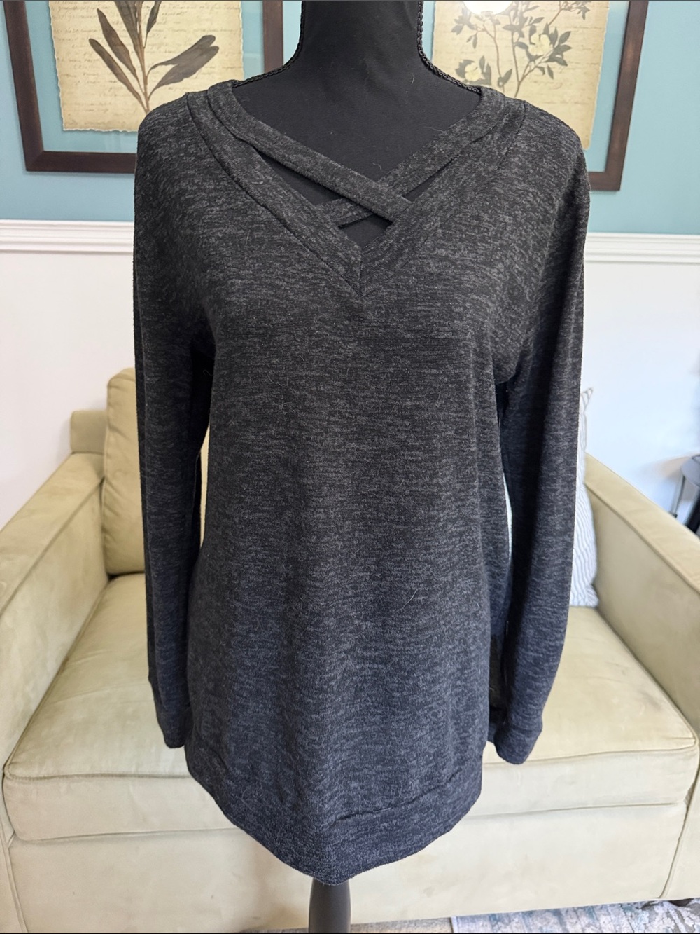 Bellamie Charcoal Crisscross V-Neck Long Sleeve Tunic